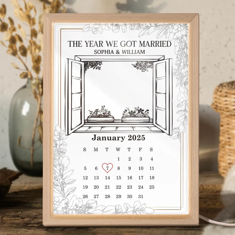 Dessin au crayon photo personnalisé Couple L'année de notre mariage Light Painting - Cadre photo lumineux personnalisé