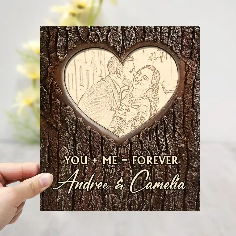Gift For Couples, Gift For Husband, Gift For Wife - Custom Photo Pencil Drawing Carved In Love Couple You + Me = Forever - Personalized 2-Layered Wooden Plaque With Stand