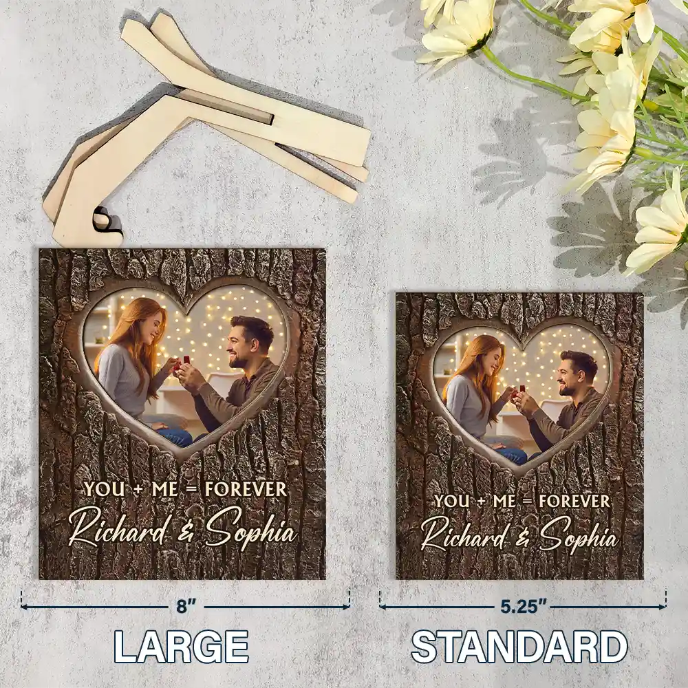 Gift For Couples, Gift For Husband, Gift For Wife - Custom Photo Pencil Drawing Carved In Love Couple You + Me = Forever - Personalized 2-Layered Wooden Plaque With Stand