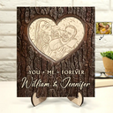Gift For Couples, Gift For Husband, Gift For Wife - Custom Photo Pencil Drawing Carved In Love Couple You + Me = Forever - Personalized 2-Layered Wooden Plaque With Stand