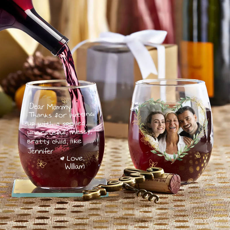 Gift For Mother,Custom Photo,Funny - Custom Photo Mom Thanks For Putting Up With My Sibling - Personalized Stemless Wine Glass