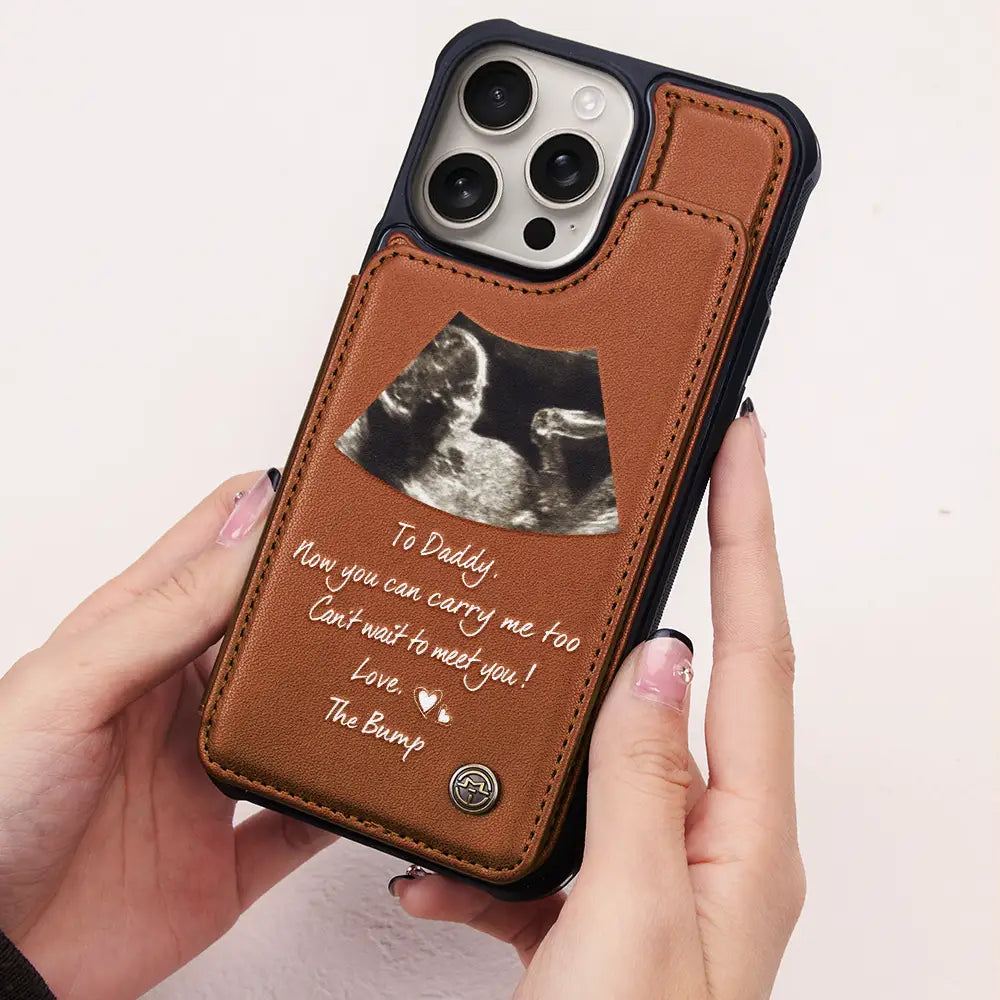 Happy,Expecting Dad,New baby,New Dad,Gift For Father - Custom Photo To Daddy Now You Can Carry Me Too - Personalized Leather Flip Wallet Phone Case