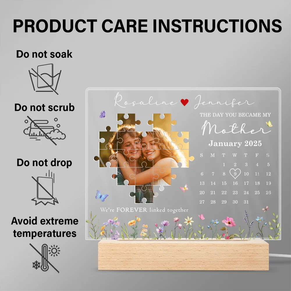 Gift For Mother,Love,Custom Photo - Custom Photo Calendar The Day You Became My Mother - Personalized 3D Led Light Wooden Base