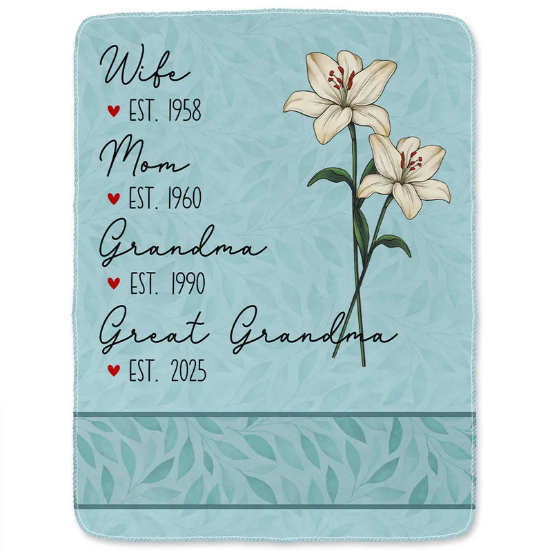 Gift For Grandma,Love,Gift For Mother,Gift For Wife - Mom Grandma Great Grandma Birth Flower - Personalized Fleece Blanket, Sherpa Blanket
