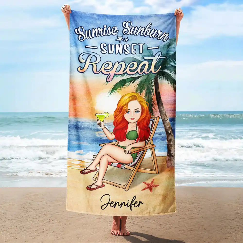 Sunrise Sunburn Sunset Repeat - Personalized Beach Towel