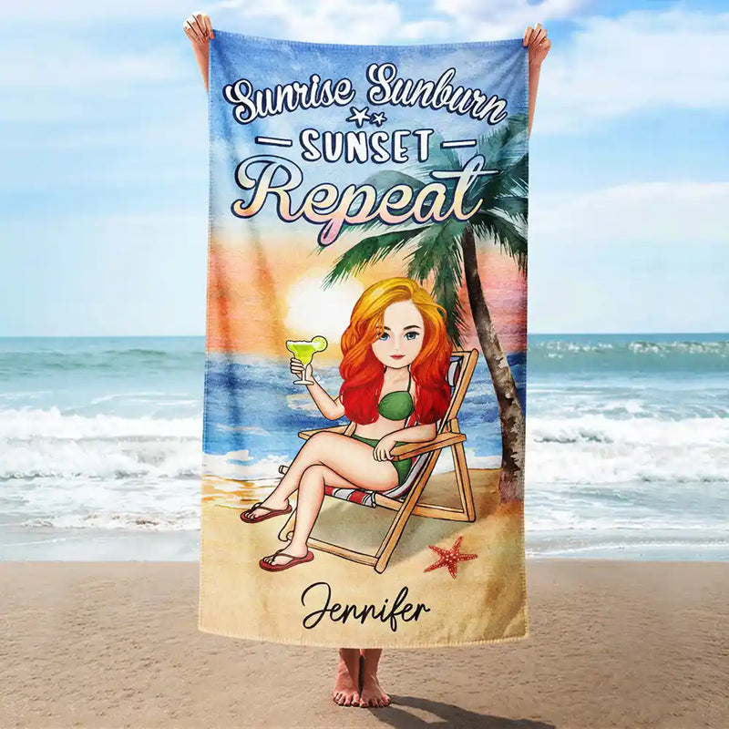 Sunrise Sunburn Sunset Repeat - Personalized Beach Towel
