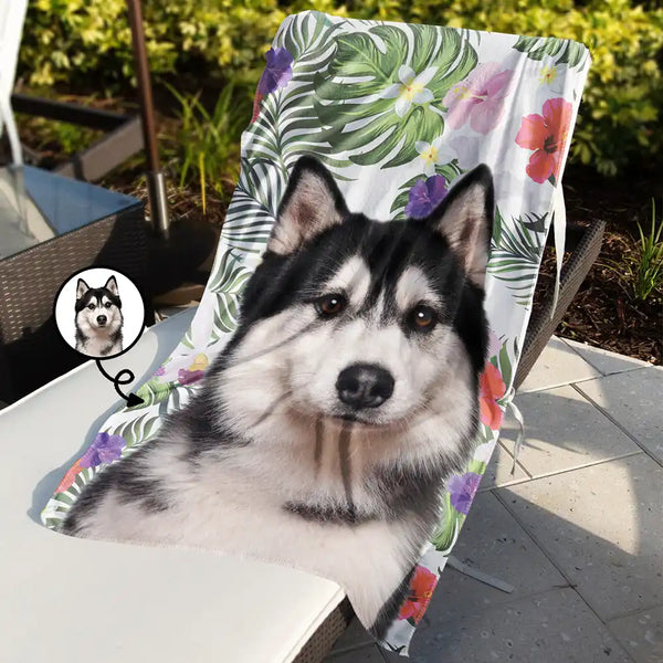 Serviette de plage personnalisée avec photo de feuilles tropicales et visage d'animal