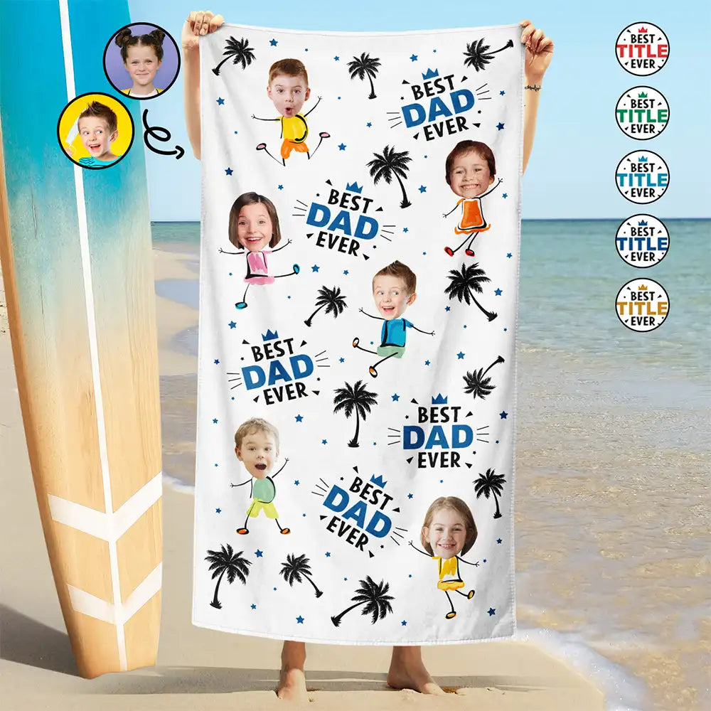 Serviette de plage personnalisée avec photo du meilleur papa de tous les temps, cocotier