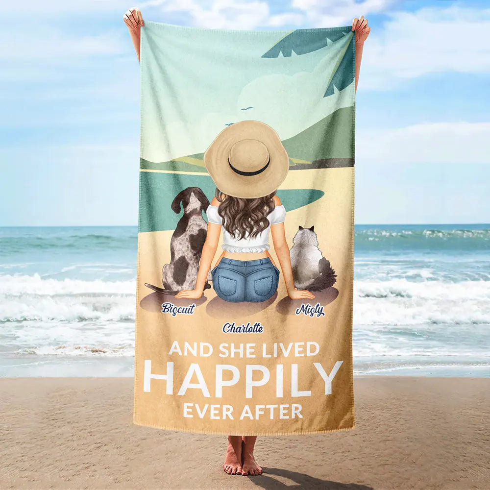 And She Lived Happily Ever After Loves Dogs Cats - Personalized Beach Towel