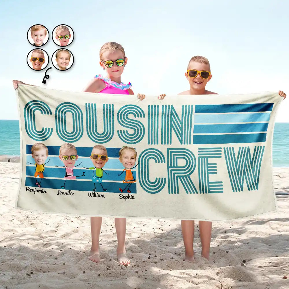 Custom Photo Funny Cousin Crew Retro Stripe - Personalized Beach Towel