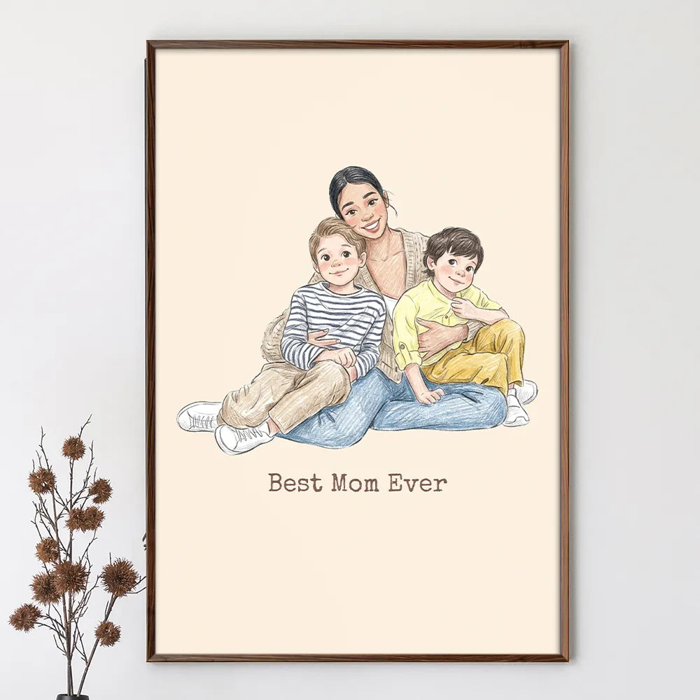 Gift For Husband,Gift For Wife,Parents,Family,Gift For Grandparents,Gift For Sibling,Happy,Non-Eng,Photo - Colored Pencil - Custom Photo Colored Pencil Sketch Happy Family Dad Mom Kid Pet - Personalized Poster
