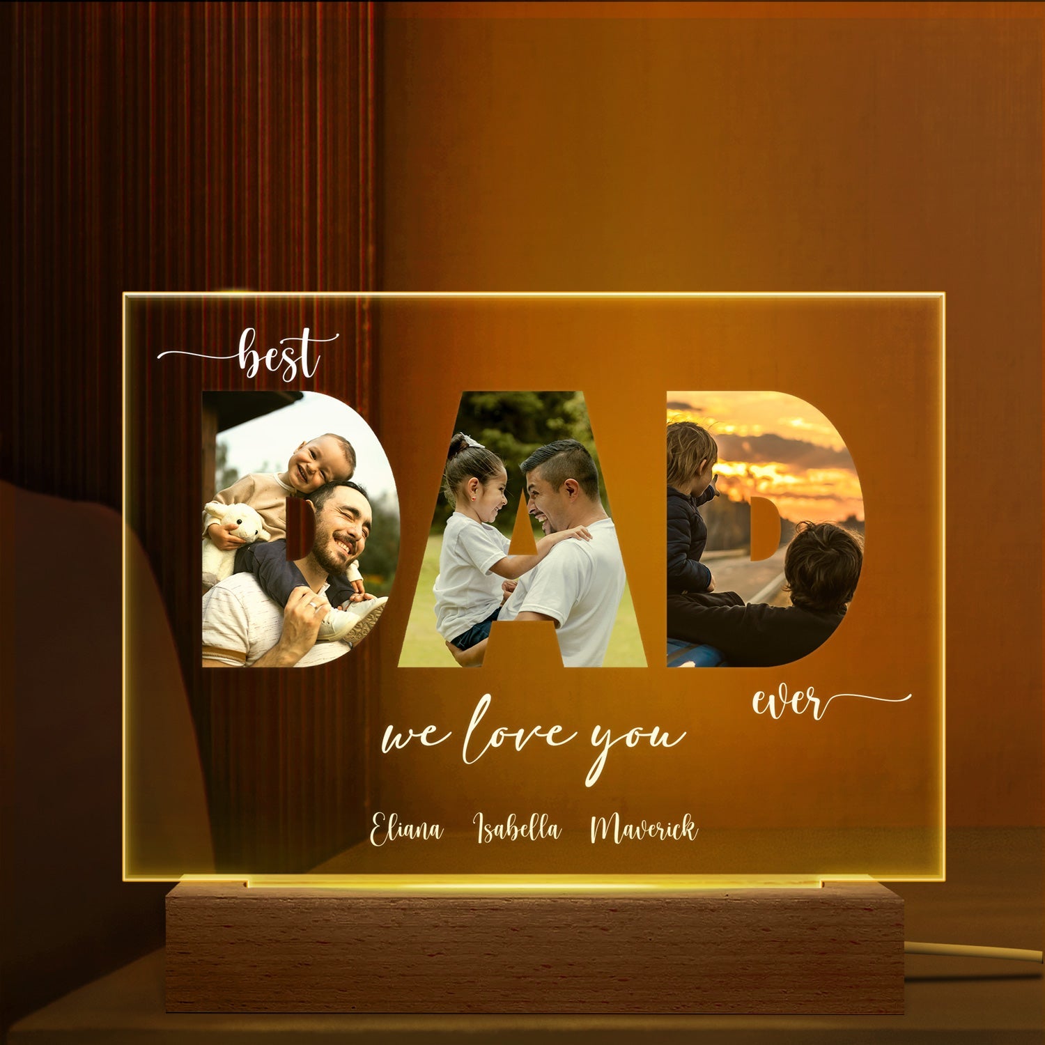 Photo personnalisée Meilleur papa de tous les temps - Cadeau pour papa, père, grand-père - Base en bois personnalisée avec lumière LED 3D