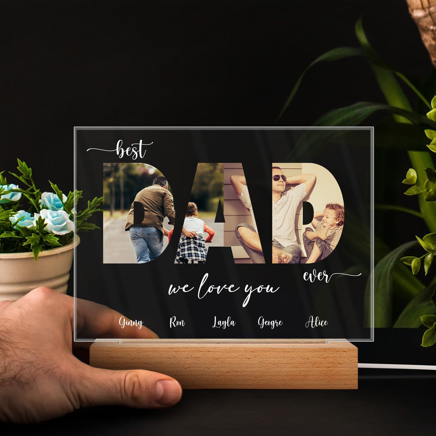 Photo personnalisée Meilleur papa de tous les temps - Cadeau pour papa, père, grand-père - Base en bois personnalisée avec lumière LED 3D