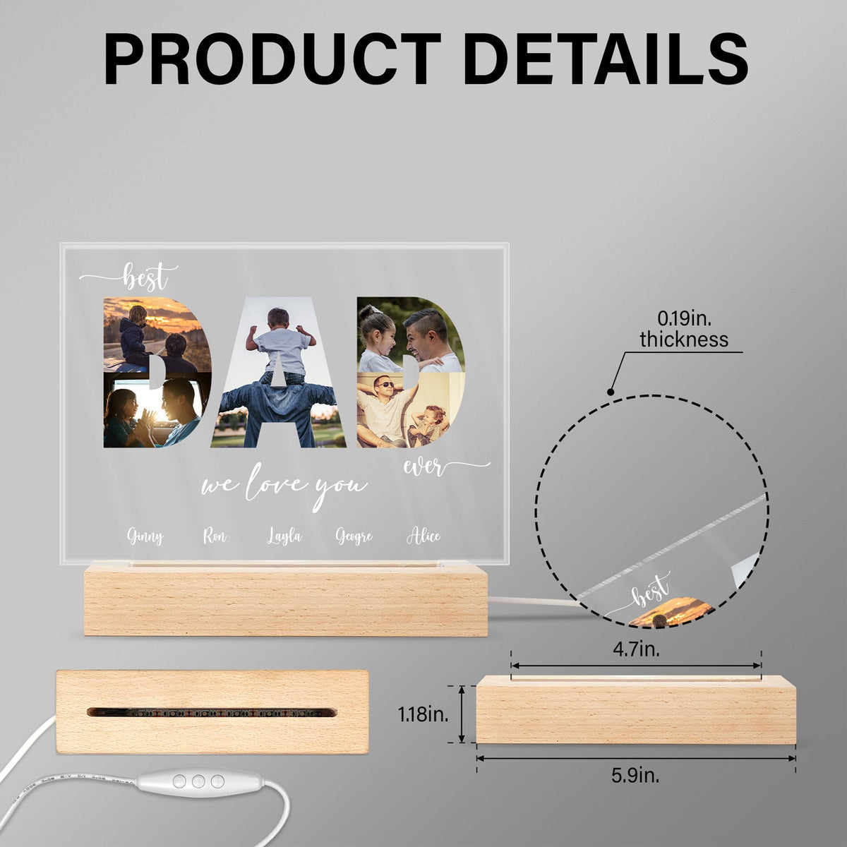 Photo personnalisée Meilleur papa de tous les temps - Cadeau pour papa, père, grand-père - Base en bois personnalisée avec lumière LED 3D