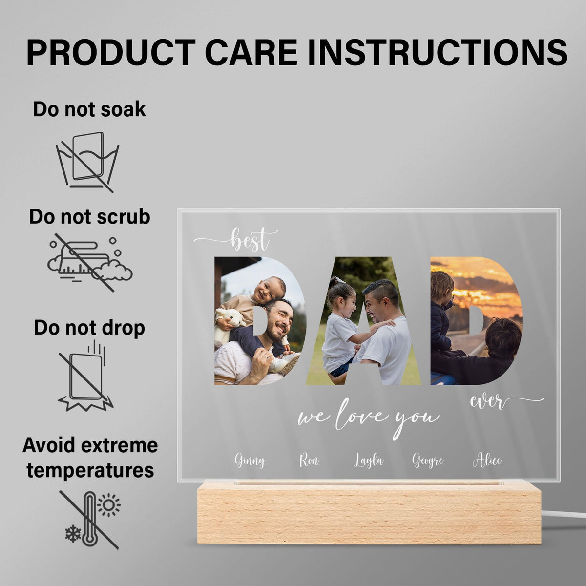 Photo personnalisée Meilleur papa de tous les temps - Cadeau pour papa, père, grand-père - Base en bois personnalisée avec lumière LED 3D