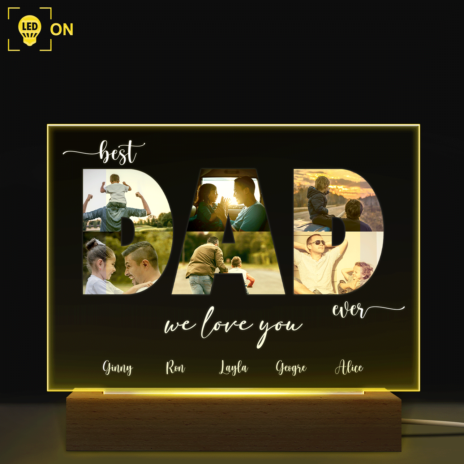 Photo personnalisée Meilleur papa de tous les temps - Cadeau pour papa, père, grand-père - Base en bois personnalisée avec lumière LED 3D