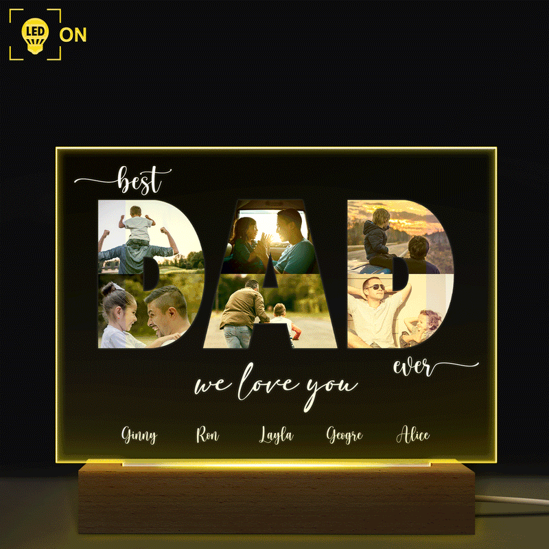 Photo personnalisée Meilleur papa de tous les temps - Cadeau pour papa, père, grand-père - Base en bois personnalisée avec lumière LED 3D