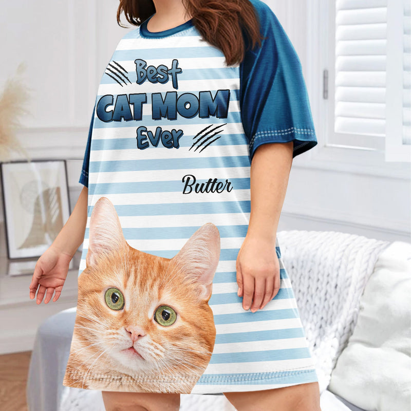 Custom Photo Best Cat Mom Ever - Gift For Cat Mom - Personalized Women's Sleep Tee
