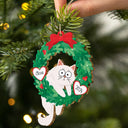 Christmas Wreath Hanging Cat - Personalized Wooden Cutout Ornament