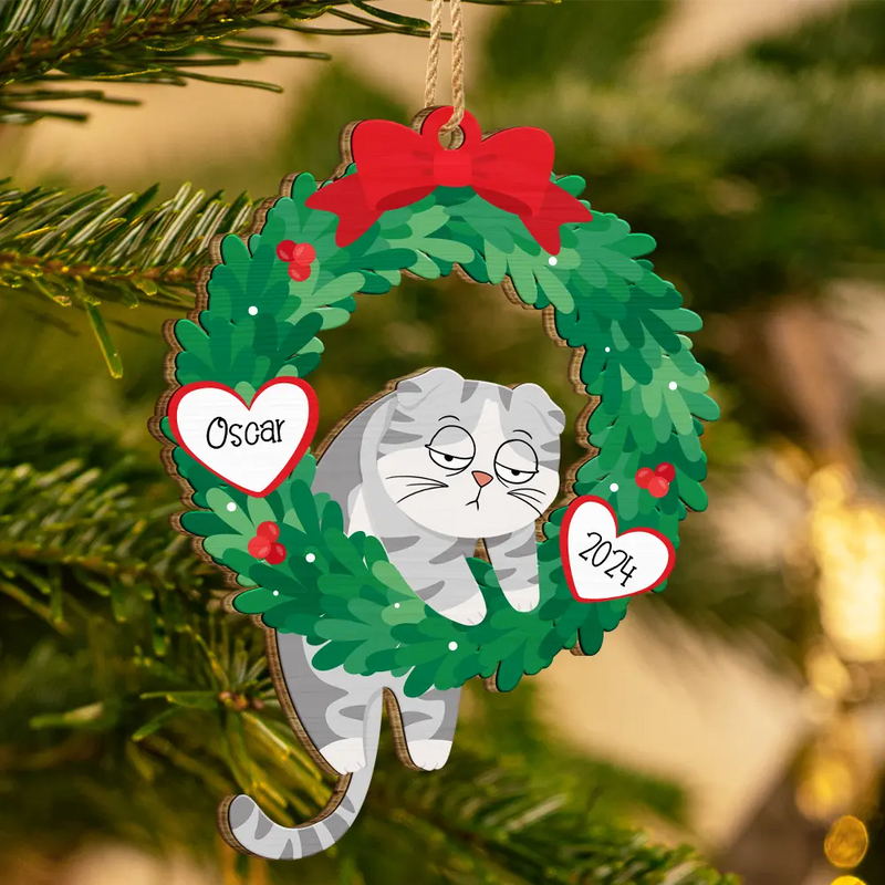 Christmas Wreath Hanging Cat - Personalized Wooden Cutout Ornament