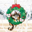 Christmas Wreath Hanging Cat - Personalized Wooden Cutout Ornament