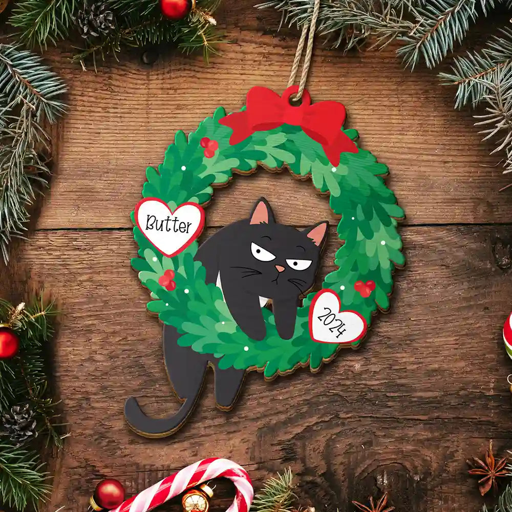 Christmas Wreath Hanging Cat - Personalized Wooden Cutout Ornament