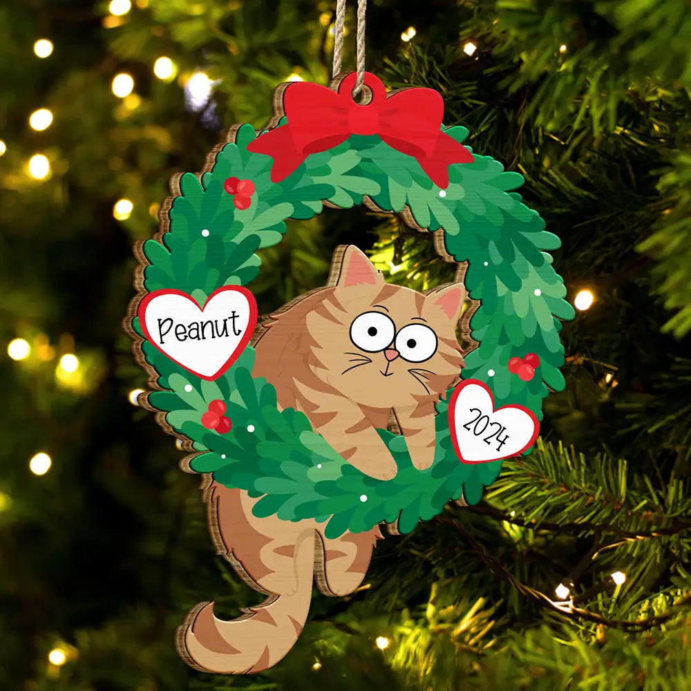 Christmas Wreath Hanging Cat - Personalized Wooden Cutout Ornament