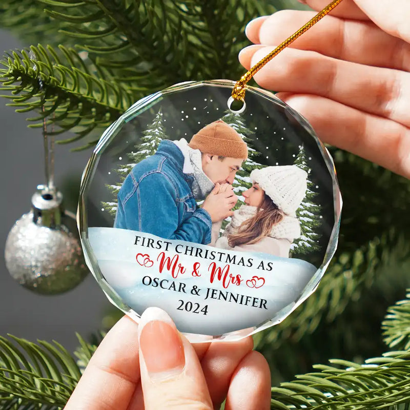 Custom Photo First Christmas Couples - Personalized Circle Glass Ornament
