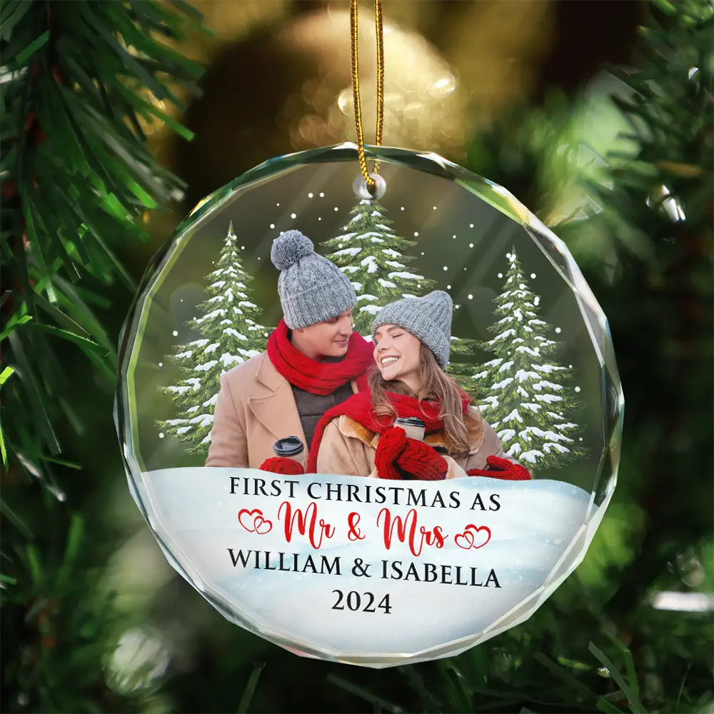 Custom Photo First Christmas Couples - Personalized Circle Glass Ornament