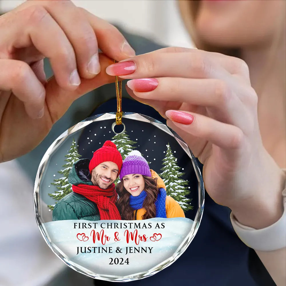 Custom Photo First Christmas Couples - Personalized Circle Glass Ornament