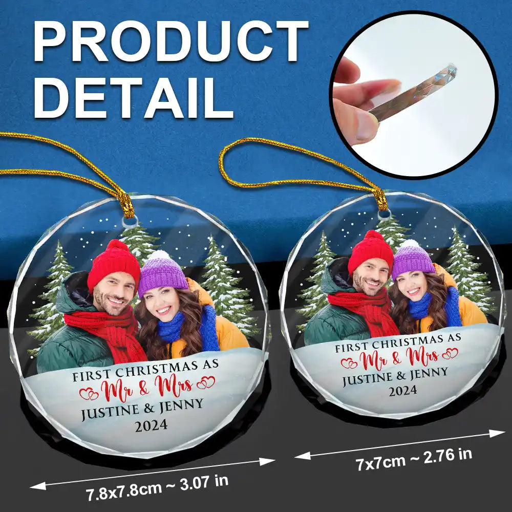 Custom Photo First Christmas Couples - Personalized Circle Glass Ornament