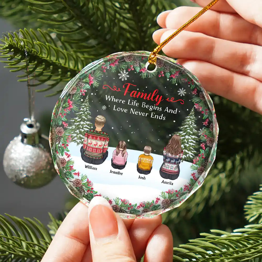 Christmas,Family,Love - Christmas Family Where Life Begins And Love Never Ends - Personalized Circle Glass Ornament