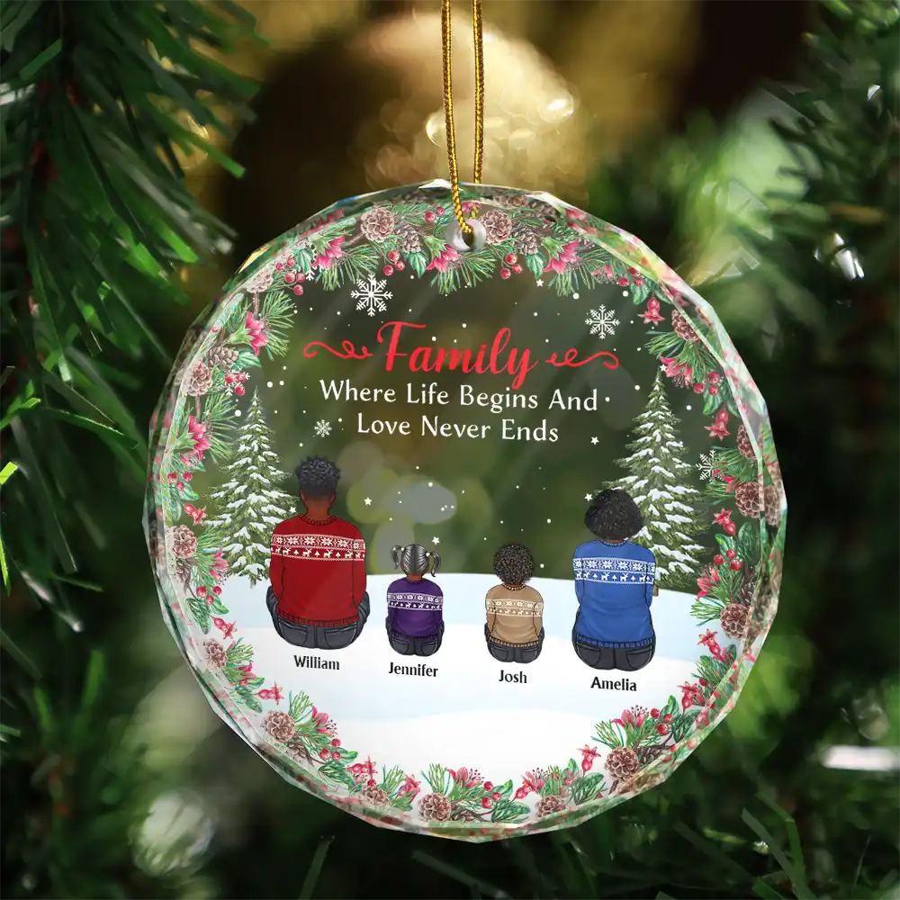 Christmas,Family,Love - Christmas Family Where Life Begins And Love Never Ends - Personalized Circle Glass Ornament