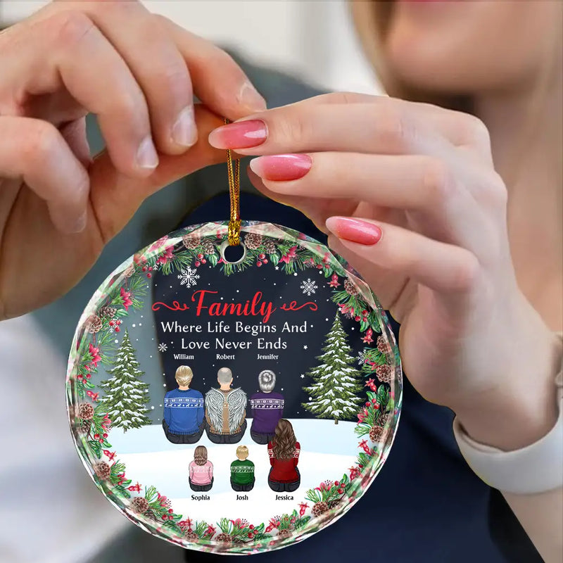 Christmas,Family,Love - Christmas Family Where Life Begins And Love Never Ends - Personalized Circle Glass Ornament