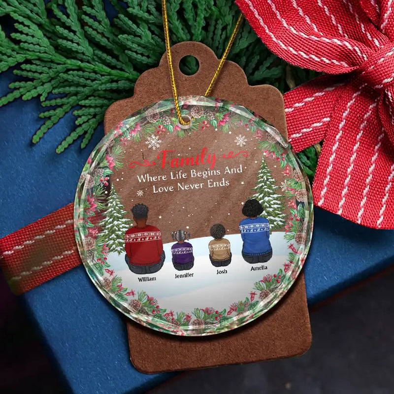 Christmas,Family,Love - Christmas Family Where Life Begins And Love Never Ends - Personalized Circle Glass Ornament