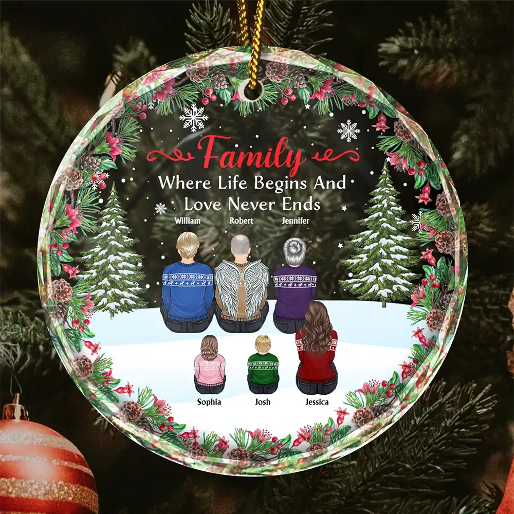 Christmas,Family,Love - Christmas Family Where Life Begins And Love Never Ends - Personalized Circle Glass Ornament