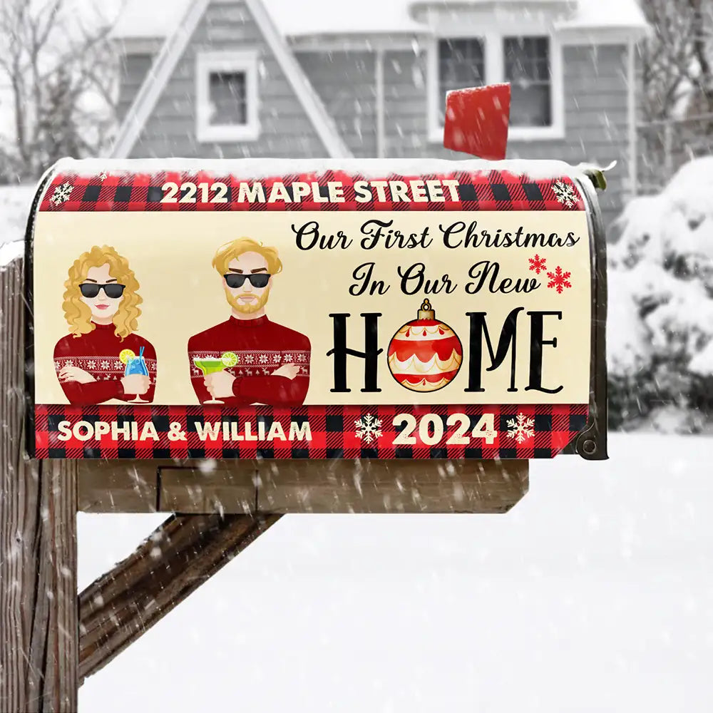 Gift For Couples, Gift For Husband, Gift For Wife, Gift For Boyfriend, Gift For Girlfriend - Couple Our First Christmas In Our New Home - Personalized Mailbox Cover
