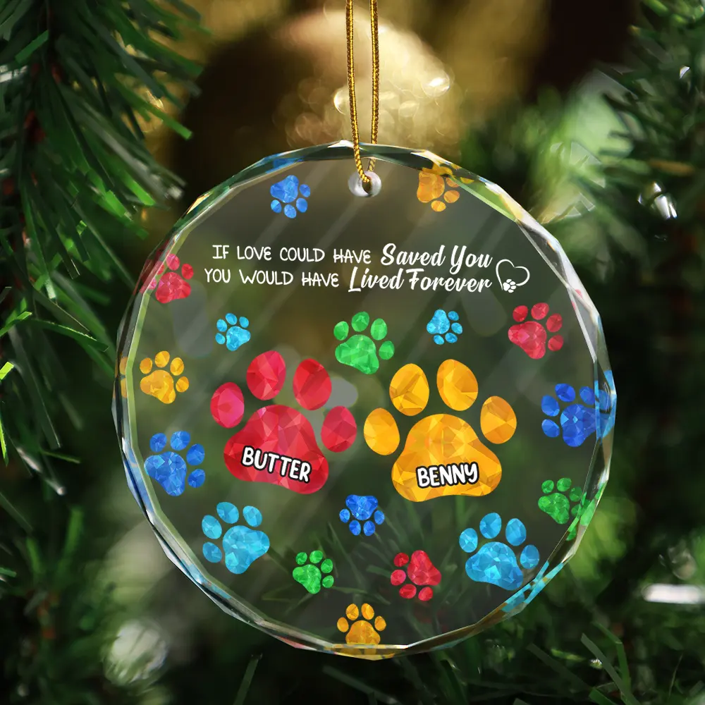 Memorial, Pet Lovers, Dog Lovers, Cat Lovers - Memorial Cat Dog You Left Paw Prints On My Heart - Personalized Circle Glass Ornament