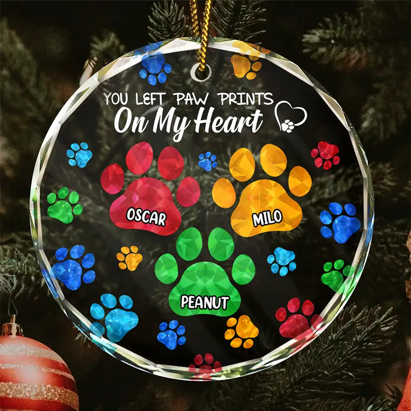Memorial, Pet Lovers, Dog Lovers, Cat Lovers - Memorial Cat Dog You Left Paw Prints On My Heart - Personalized Circle Glass Ornament
