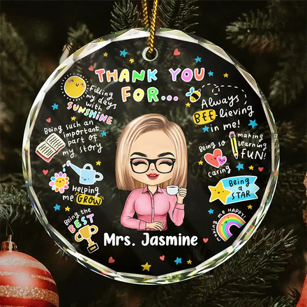 Teacher Thank You For Helping Me Grow - Personalized Circle Glass Ornament