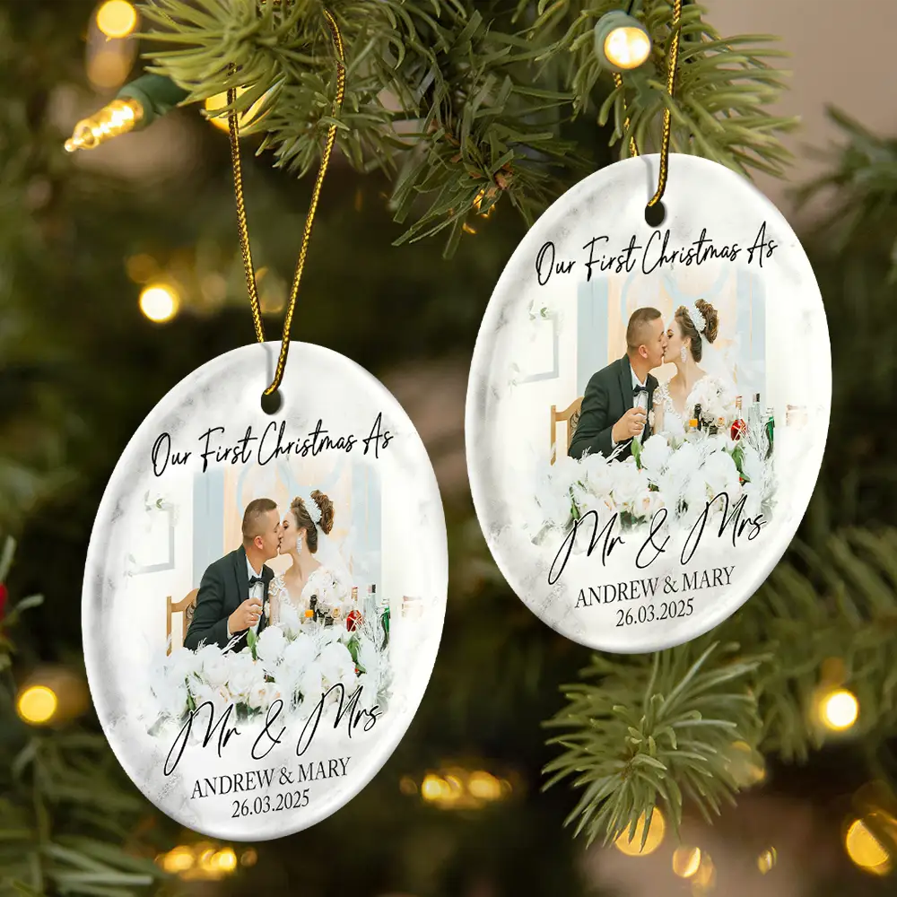 Custom Photo First Christmas As Mr & Mrs Couples - Personalized Circle Ceramic Ornament
