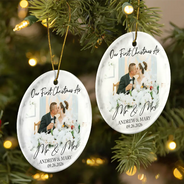 Custom Photo First Christmas As Mr & Mrs Couples - Personalized Circle Ceramic Ornament
