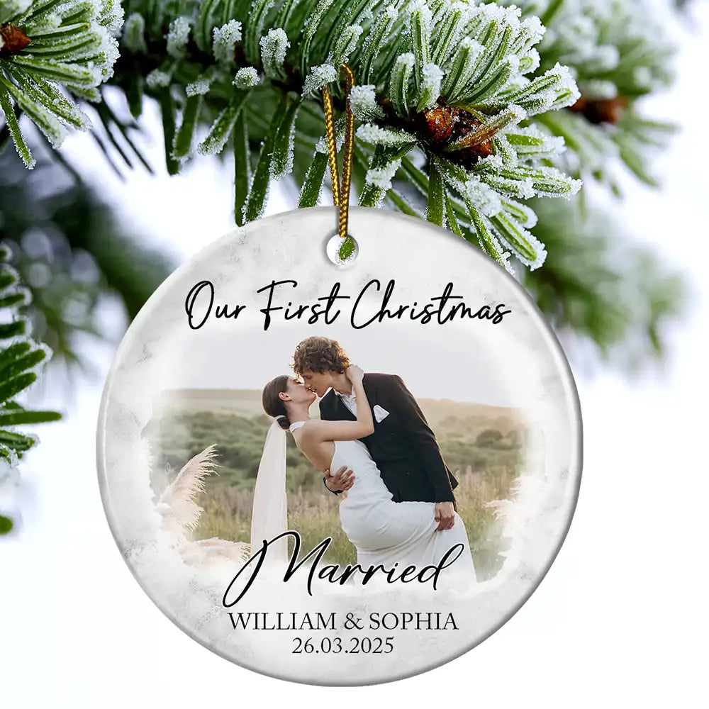 Custom Photo First Christmas As Mr & Mrs Couples - Personalized Circle Ceramic Ornament