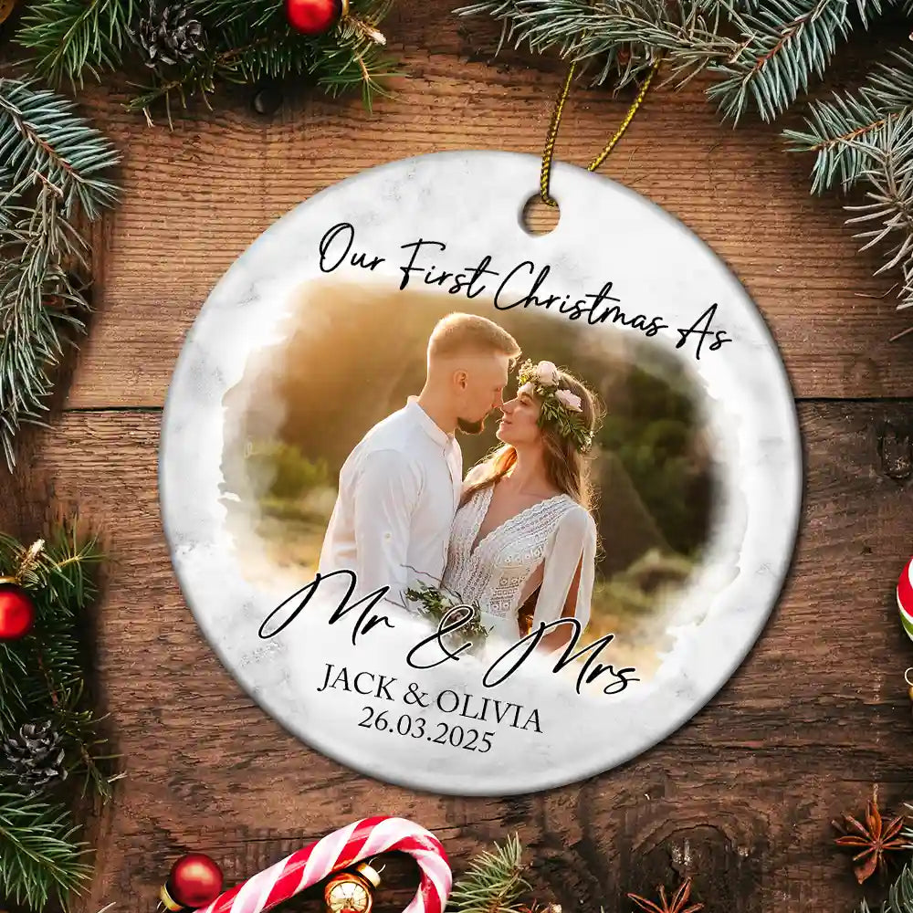 Custom Photo First Christmas As Mr & Mrs Couples - Personalized Circle Ceramic Ornament