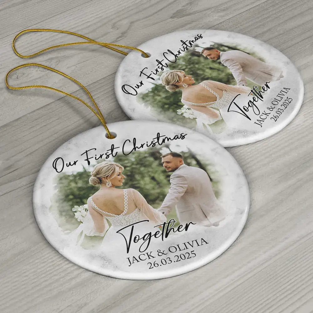 Custom Photo First Christmas As Mr & Mrs Couples - Personalized Circle Ceramic Ornament