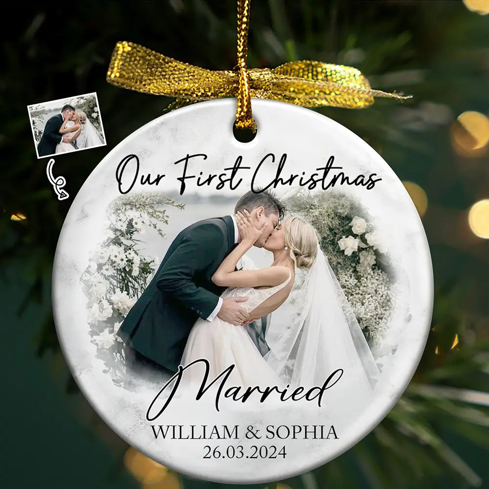 Gift For Couples - Custom Photo First Christmas As Mr & Mrs Couples - Personalized Circle Ceramic Ornament