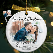 Custom Photo First Christmas As Mr & Mrs Couples - Personalized Circle Ceramic Ornament