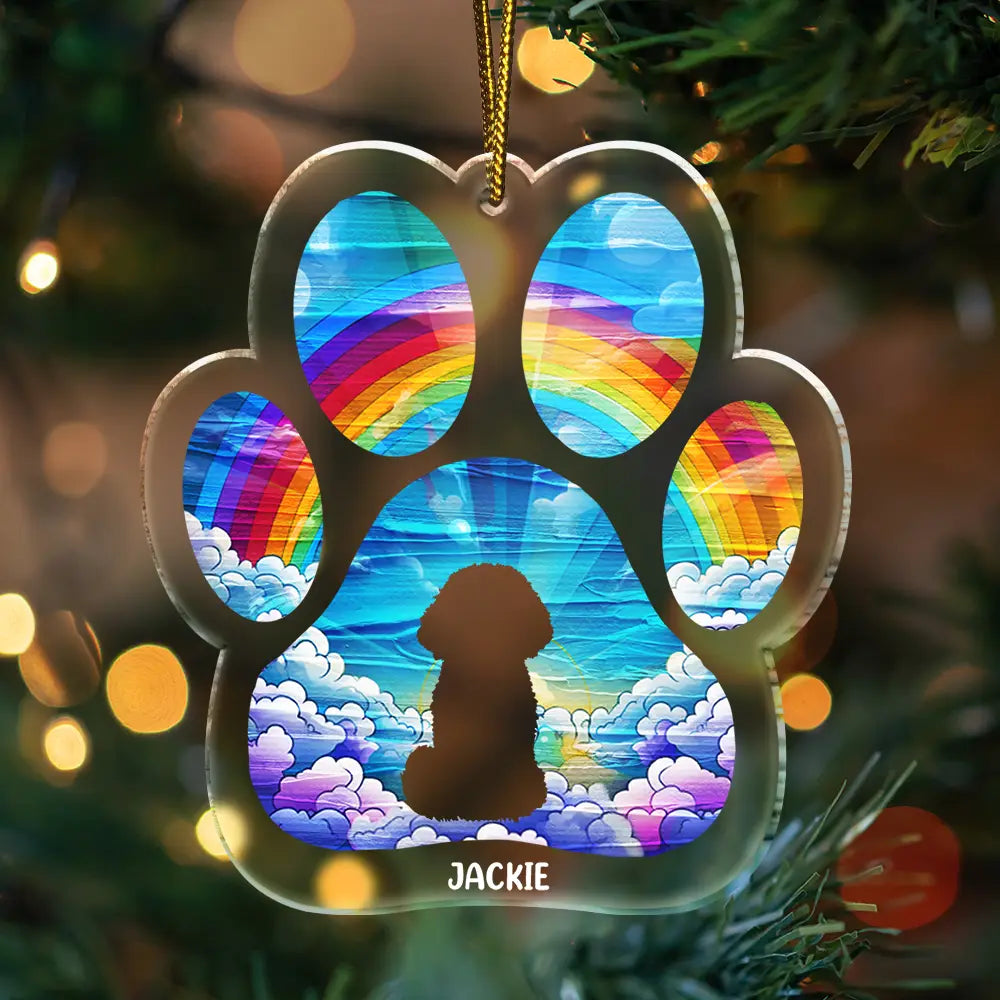 Pet Lovers, Dog Lovers - Memorial Dog Waiting At The Rainbow Bridge - Personalized Custom Shaped Acrylic Ornament