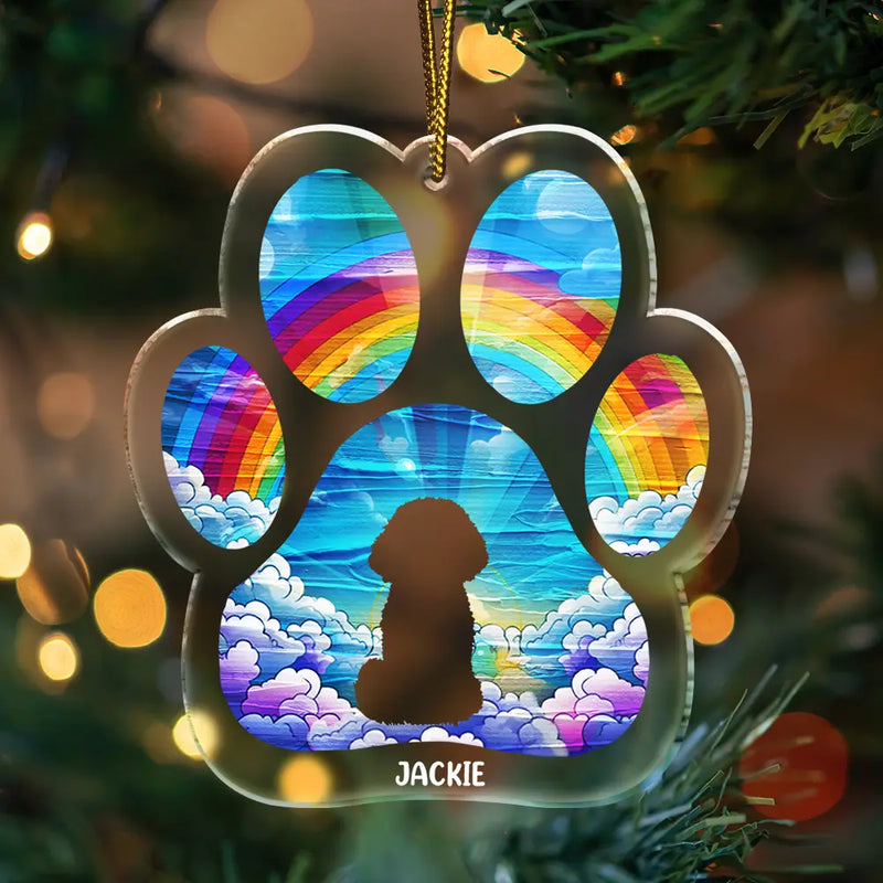 Pet Lovers, Dog Lovers - Memorial Dog Waiting At The Rainbow Bridge - Personalized Custom Shaped Acrylic Ornament