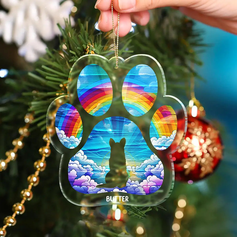 Pet Lovers, Dog Lovers - Memorial Dog Waiting At The Rainbow Bridge - Personalized Custom Shaped Acrylic Ornament